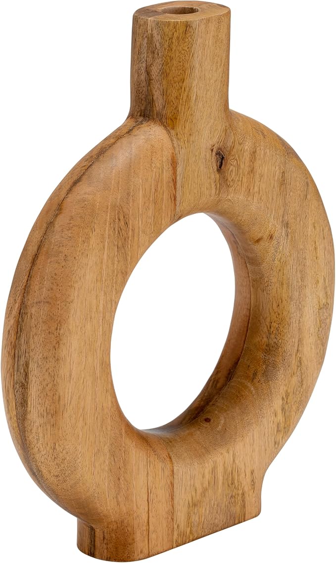 Mango Wood Vase, Modern Donut Vase Design – Accent for Sculptural Display, Decorative Modern Flower Vase – Flower Holder for Stems or Greenery, Living Room or Office Shelf, Home Decor – 14", Brown