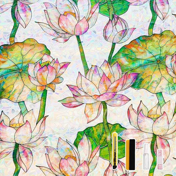 Donox Window Privacy Film Static Cling, Decorative Stained Glass Style Tint, Lotus Pattern with Rainbow Effect for Home and Office, UV Blocking No Glue Removable, 17.5 x 157.4 inches