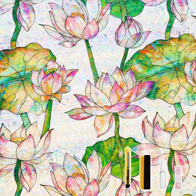 Donox Window Privacy Film Static Cling, Decorative Stained Glass Style Tint, Lotus Pattern with Rainbow Effect for Home and Office, UV Blocking No Glue Removable, 23.6 x 157.4 inches