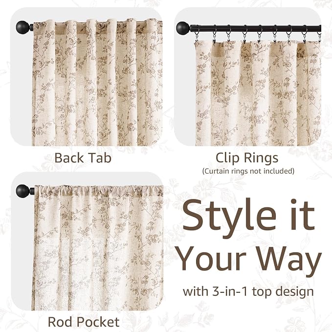 jinchan Taupe Floral Linen Curtains 84 Inch Farmhouse Back Tab 2 Panels | Taupe on beige, light filtering, farmhouse, rustic, country, flower, privacy, bedroom, living room, office, window treatment