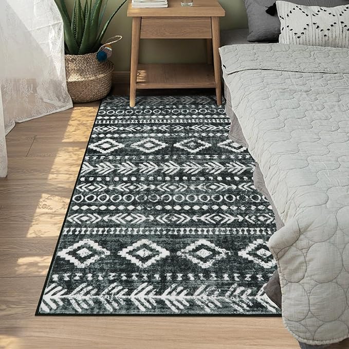 Lahome Boho Moroccan Kitchen Rugs, 4x6 Washable Black White Bedroom Area Rug Low-Pile Soft Office Rug, Non-Slip Tribal Print Pattern Large Entry Rug Indoor Carpet for Living Room Laundry