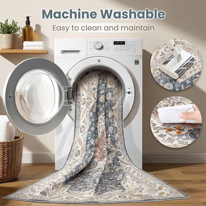 Vintage Living Room Area Rug 3x5 - Large Soft Washable Oriental Traditional Distressed Farmhouse Rugs for Bedroom - Indoor Floor Accent Carpet for Home Office House Decor - Blue