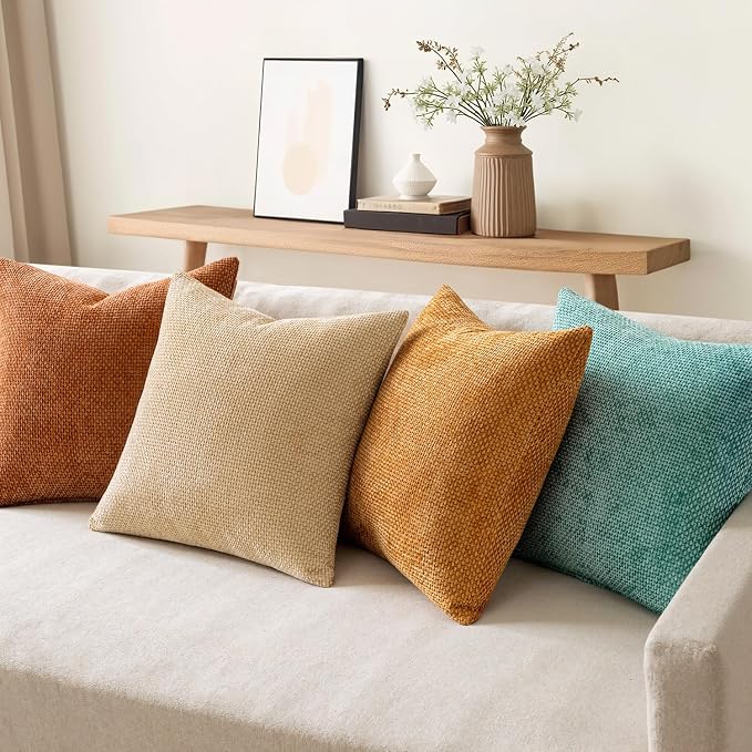 MIULEE Pack of 4 Orange/Teal Couch Throw Pillow Covers 20x20 Inch Yellow Green Soft Decorative Chenille Pillows Farmhouse Accent Cushions for Boho Fall Home Decor Sofa Bedroom Living Room