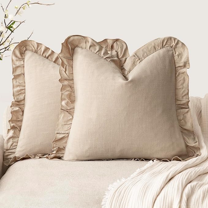 Foindtower Set of 2 Decorative Soild Fringe Ruffle Throw Pillow Covers Soft Boho Farmhouse Cushion Cover Cozy Accent Retro Pillowcase for Couch Sofa Bed Living Room Home Decor,22×22 Inch,Light Tan