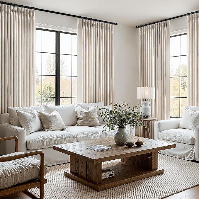 Natural Pinch Pleated Linen Curtains 84 Inch Length 2 Panels for Bedroom Living Room Textured Cream Semi Sheer Window Curtain Boho Neutral Back Tab Pinch Pleat Drape with Hooks 84 Inches Long