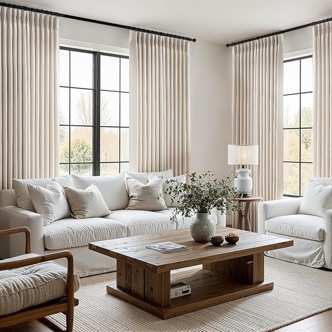 96 Inches Long Pinch Pleated Semi Sheer Curtains,Natural Linen Blended Light Filtering Window Curtains 96 Length for Living Room Bedroom Pinch Pleat Drapes with Hooks 2 Panels 72" Wx96 L