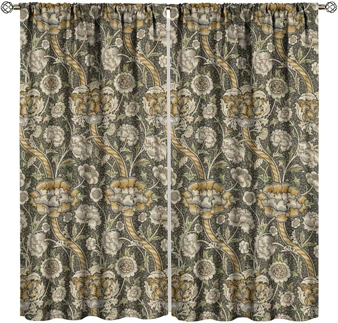 William Morris Curtains, Rustic Vintage Print Retro Flower Plant Nature Art Floral Blackout Window Treatments Drapes, for Living Room Bedroom Kitchen 27.5(W)*63(L) 2 Panels