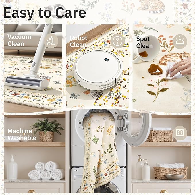 Soalmost Cat 8x10 Area Rugs for Living Room, Machine Washable Animal Floral Vintage Rug Non-Slip Low Pile Soft Throw Large Rugs for Classroom Bedroom Dining Room Nursery Playroom (8 x 10,Beige)