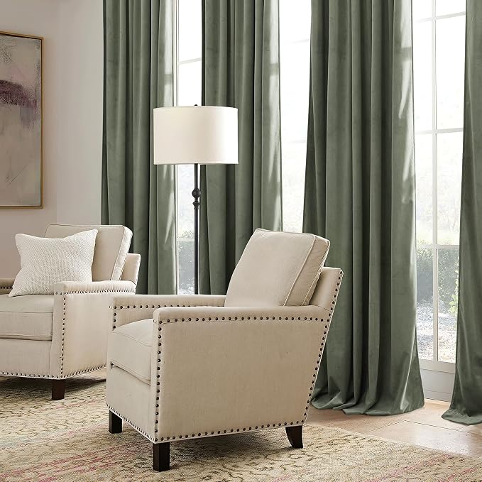 RYB HOME Sage Green Velvet Curtains 108 inch, Room Darkening Green Window Curtains with Multiple Hanging Options Heavy Duty Plush Blackout Backdrop for Bedroom Guest Room, W48 x L108 inch, 1 Panel
