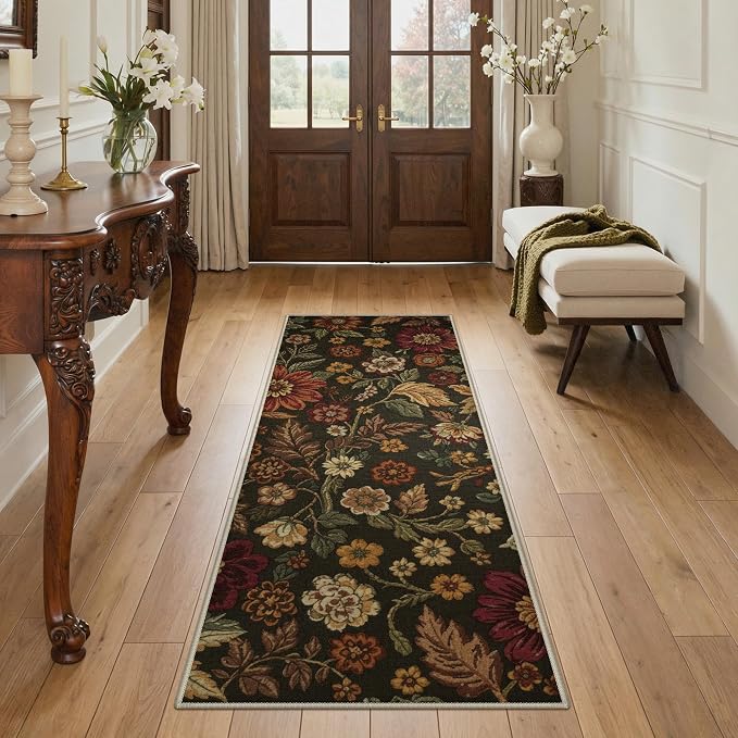 GENIMO 2X6 Washable Runner Rug for Hallway, Vintage Floral Print Non-Slip Low Pile Carpet, Stain Resistant Soft Chenille Rug for Entryway Kitchen Corridor, Floral Brown