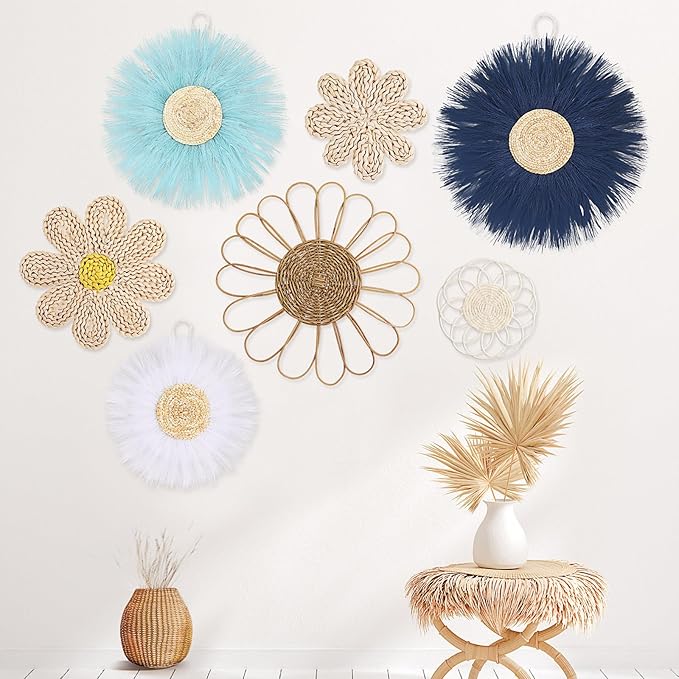 Chunful 7 Pcs Boho Wall Basket Decor Rattan Flower Wall Decor Nursery Daisy Flower Woven Macrame Hanging Flowers for Baby Kids Girls Farmhouse Bedrooms Living Rooms Kitchen Home(Blue)