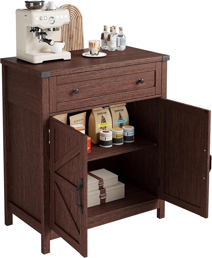ChooChoo Kitchen Storage Cabinet, Coffee Bar Cabinet, Farmhouse Buffet Sideboard with Drawer for Kitchen, Living Room, Walnut