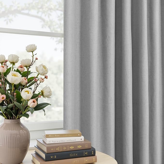 Mrs.Naturall Pinch Pleated Curtains Blackout 96 Inches Long 2 Panel Set,Light Grey Linen Black Out Curtains for Bedroom Windows Living Room
