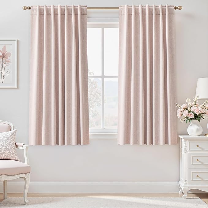 UHITECH Pink Blackout Curtains for Bedroom 60 Inches Long 2 Panels Set Linen Textured Thermal Natural Curtain for Living Room Darkening Modern Shower Drapes for Bathroom