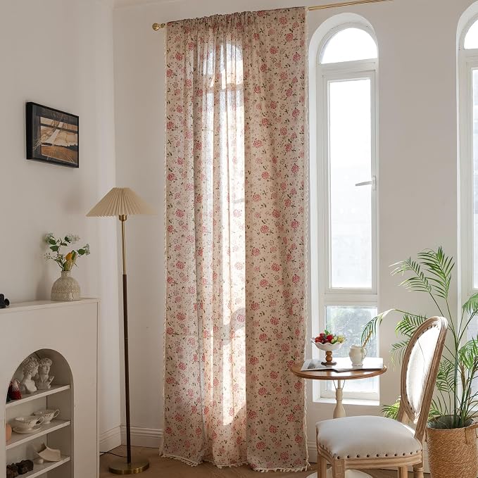 OYX Boho Curtains 84 Inch Length 2 Panels for Living Room, Bedroom Light Filtering Drapes, Farmhouse Vintage Country French Rustic Tassels Pattern Rod Pocket Aesthetic Decor Window Treatments