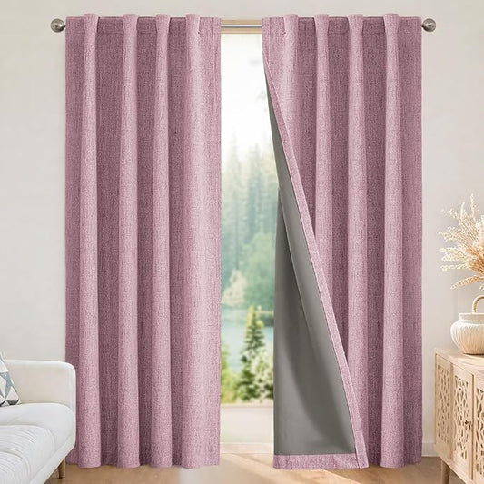 Joydeco Blackout Curtains for Bedroom - 100% Light Blocking 2 Panels Set Pink Drapes 66" W x 90" L, Thermal Insulated Room Darkening Curtains, Linen Textured for Living Room, Rod Pocket & Back Tabs