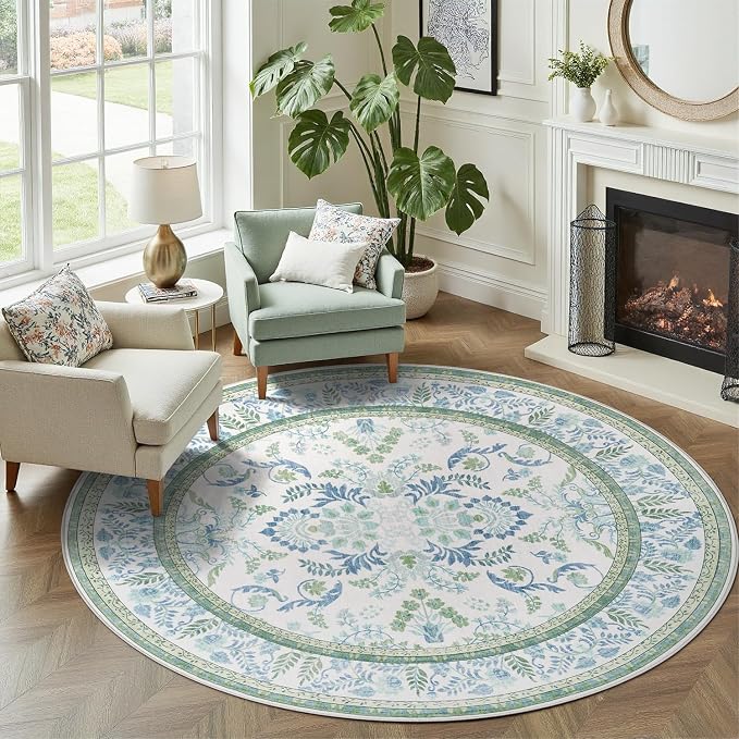 DCX Area Rug 5x5 Botanical Floral Washable Rugs in Green and Blue Soft Non Slip Low Pile Stain Resistant Round Carpet for High-Traffic Areas Bedroom Kitchen