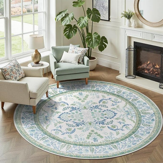 DCX Area Rug 4x4 Botanical Floral Washable Rugs in Green and Blue Soft Non Slip Low Pile Stain Resistant Round Carpet for High-Traffic Areas Bedroom Kitchen