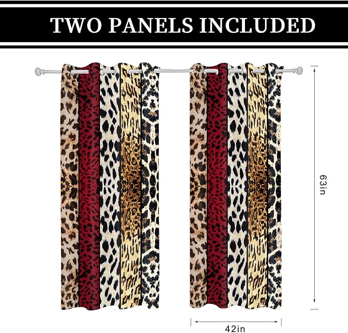 Wild Animal Print Curtain, Room Darkening Thermal Insulated Blackout Leopard Boa Window Drapes with Grommets for Living, Dining, Bedroom, Red Leopard Print, 42"x 63", 2 Panels