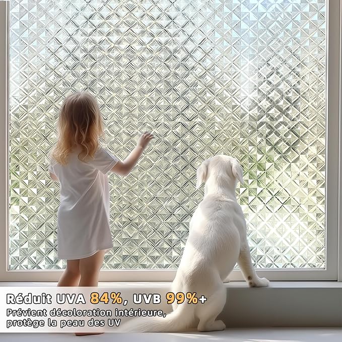 Qualsen Window Privacy Film, Stained Glass Decorative Window Film, Static Cling Frosted Bathroom Privacy Film 3D, Removable Anti-UV for Home Door Coverings, 11.8x78.7inch