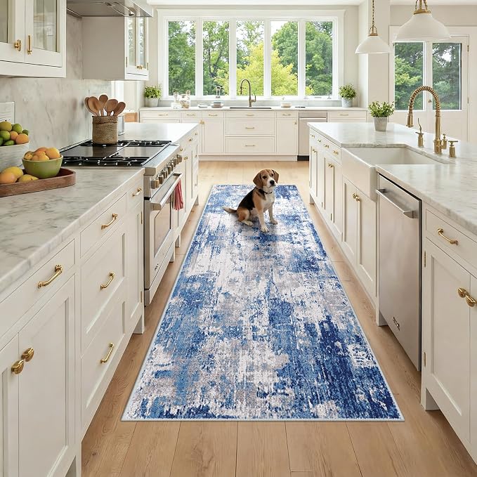 RELEANY Washable Area Rugs 3x8 Non-Slip Modern Abstract Soft for Living Room Entryway Bedroom Kitchen, Print Pattern, Blue Grey Navy Gray