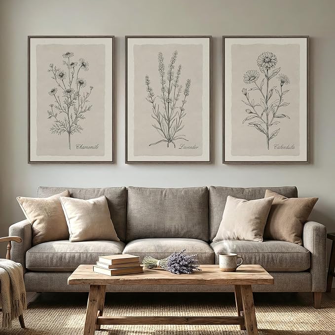 Framed Farmhouse Botanical Canvas Wall Art for Living Room, 3 Piece Large Vintage Neutral Floral Line Artwork for Walls, Minimalist Rustic Sketch Art Prints Paintings for Bedroom Kitchen, 24x36 Inch