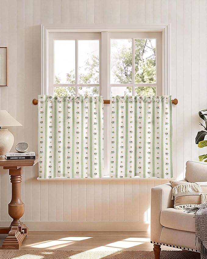 Miss Adola Farmhouse Kitchen Tier Curtains - 24 Inch Length Linen Blend Floral Cafe Curtains Green Stripe Small Window Treatment Over Sink Rod Pocket for Bathroom Living Room Light Filtering, 2 Panels