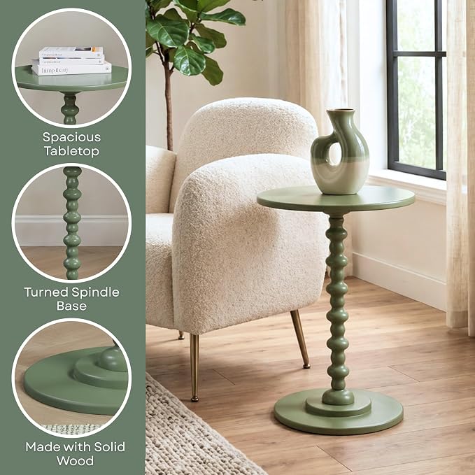 Convenience Concepts Classic Accents Amelia Spindle Table 18" - Traditional Solid Wood Round Side Accent, Display Pedestal for Transitional Living Room, Entryway, Hallway, or Bedroom, Dark Sage Green