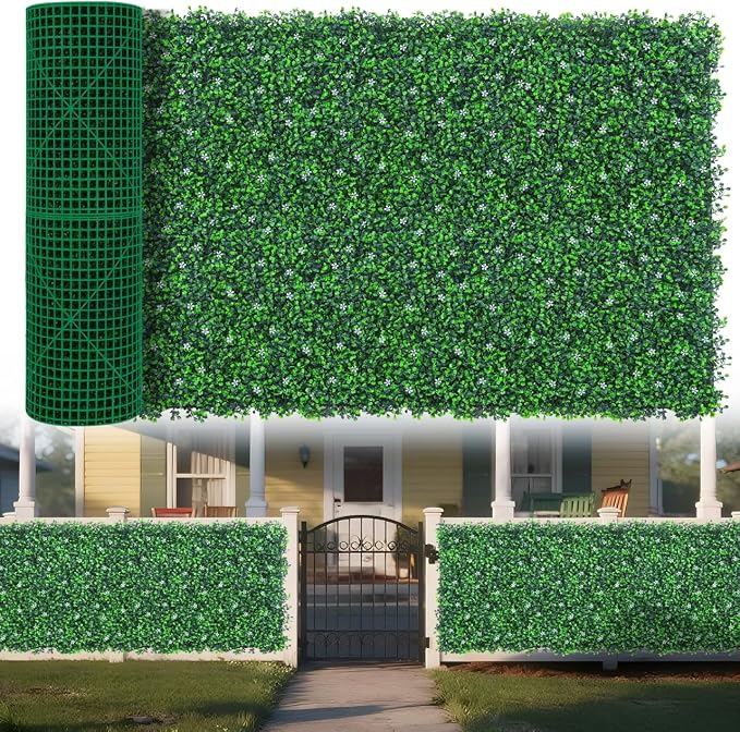 Yangrass Grass Wall Panels Roll, 40"x120" (33.33 sqft) Artificial Ivy with White Flower, UV-Anti Faux Boxwood Grass Wall Greenery Panels for Garden Patio Balcony Decor