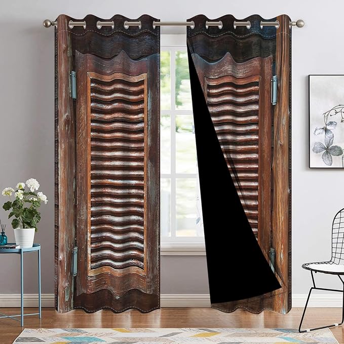 Rustic Wooden Barn Door Blackout Window Curtains Wood Planks Farm Farmhouse Curtains Country Retro Western Vintage Brown Window Treatments Kitchen Bedroom Living Room Decor,26x84 inch,2 Panels