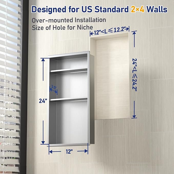 Stainless Steel Shower Niche 24" X 12" Brushed No Tile Needed Vertical Niche Shower with Three-Tier Shelves Recessed Wall Niches for Bathroom Storage Over Mount Installation