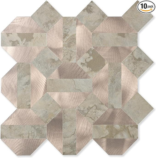 10-Sheets Peel and Stick Backsplash Tiles, PVC Stone Mixed Metal Look,Heat Resistant Stick on Tiles for Kitchen Wall,Bathroom,Laundry Room (Beige Marble & Rose Gold)