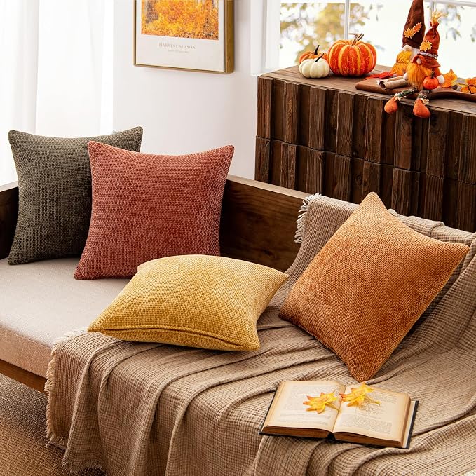 MIULEE Pack of 4 Orange/Yellow Couch Throw Pillow Covers 18x18 Inch Halloween Soft Decorative Chenille Pillows Farmhouse Accent Cushions for Boho Fall Home Decor Sofa Bedroom Living Room
