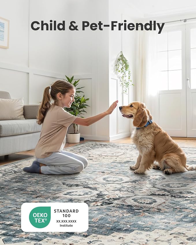 AMADA HOMEFURNISHING Round 5ft Area Rugs, Low-Profile Washable Rug with Non-Slip Backing & Durable Edge Binding, Vintage Rugs for Living Room, Bedroom, Dinning Room