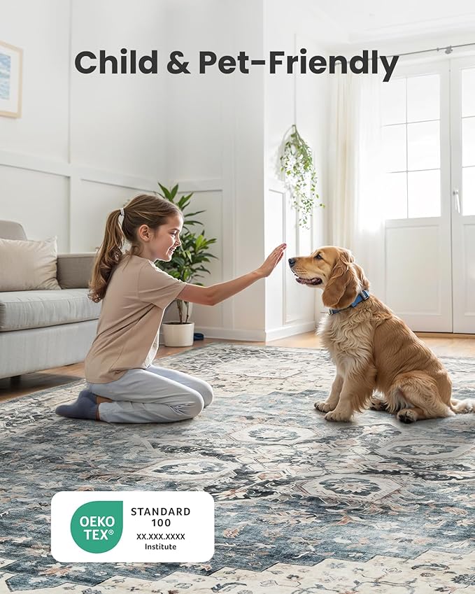 AMADA HOMEFURNISHING Round 6ft Area Rugs, Low-Profile Washable Rug with Non-Slip Backing & Durable Edge Binding, Vintage Rugs for Living Room, Bedroom, Dinning Room