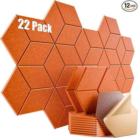 22 Pack Self-Adhesive Acoustic Panels 12" X 10" X 0.4" - Sound Proof Foam Panels with High Density, Y-Lined Design, Flame Resistant, Absorb Noise and Eliminate Echoes(Tangerine)