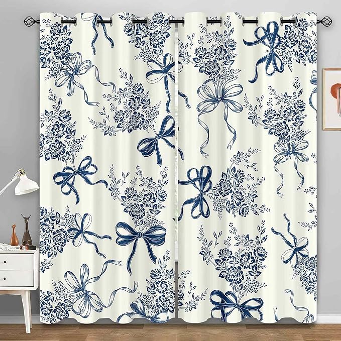 LUVIVIHOME Bow Curtains, Cute Floral Blackout Curtains for Girls Bedroom Living Room, Modern Aesthetic Bowknot Girly Room Decor, Grommet Window Drapes 2 Panel Sets, 52x84 Inch