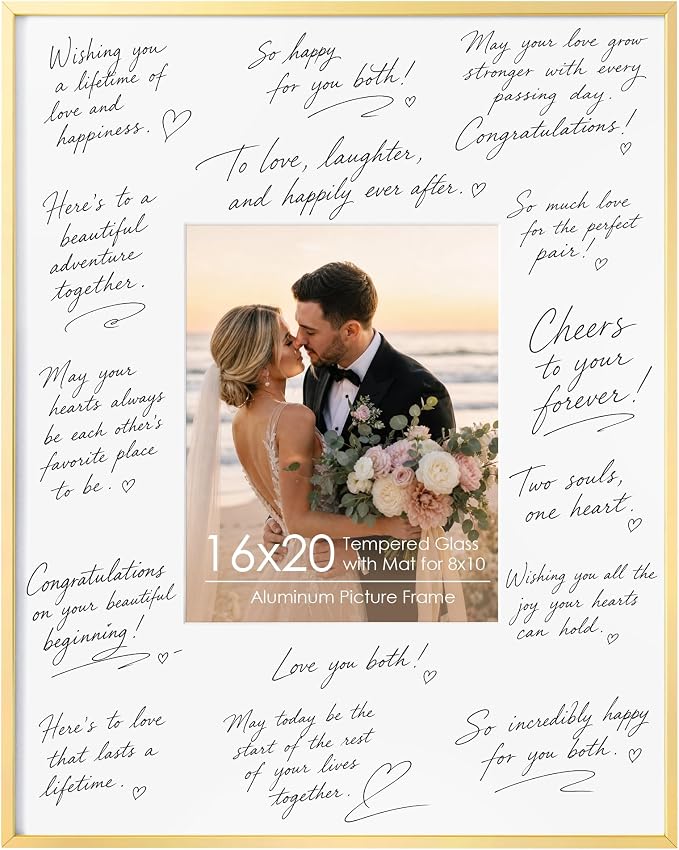 Signature Picture Frame 16x20, Aluminum Signable Frame with Glass, Gold | Elegant Gold Signable Frame with 8x10 for Wedding, Graduation, Birthday & Baby Shower Guest Book| Real Glass & Wall Kit