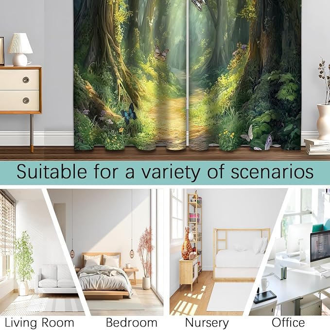 iTapnoom Enchanted Forest Blackout Curtain, Butterfly Nature Lanscape Scene Window Curtains Darkening Thermal Insulated Window Drapes for Living Room Bedroom Decor 2 Panels 52x84 Inches