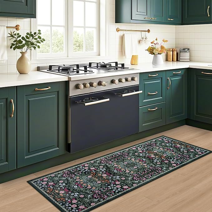 Runner Rug for Entryway: 2x5 Kitchen Rugs Non Slip Washable Ultra-Thin Soft Floral Carpet Indoor Floor Stain Resistant Carpets for Hallway Bedroom Kitchen Laundry Bathroom Dorm Dark Green