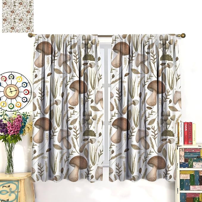 Watercolor Mushroom Curtains, Rustic Vintage Country Wild Mushroon Plants Leaves Print Blackout Window Drapes for Home Kitchen Bedroom Livingroom, 72" W X 63" L