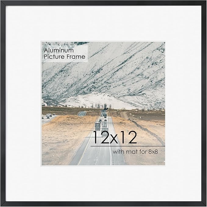 FLYJOE 12x12 Frame - Metal Square Picture Frame With Tempered Glass 12x12 Frame With Mat For 8x8 Minimalist Modern Poster Frame Horizontal & Vertical Formats Hanging Hardware Included, Black