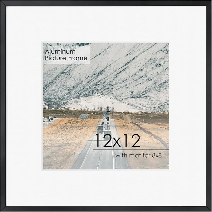 FLYJOE 12x12 Frame - Metal Square Picture Frame With Plexiglass 12x12 Frame With Mat for 8x8 Minimalist Modern Poster Frame Horizontal & Vertical formats Hanging Hardware Included, Black