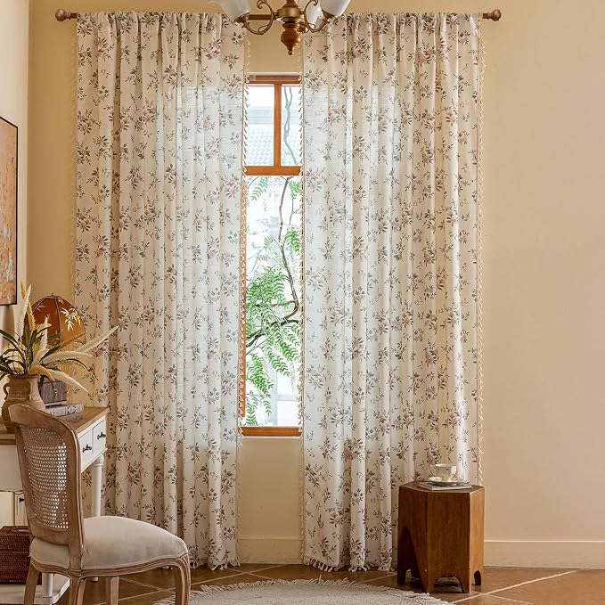 OYX Boho Floral Curtains 96 Inch, Pink Flower Farmhouse Drapes with Tassels, Linen Textured Light Filtering Semi Sheer Curtains for Living Room Bedroom, 2 Panels, Rod Pocket, 52Wx96L
