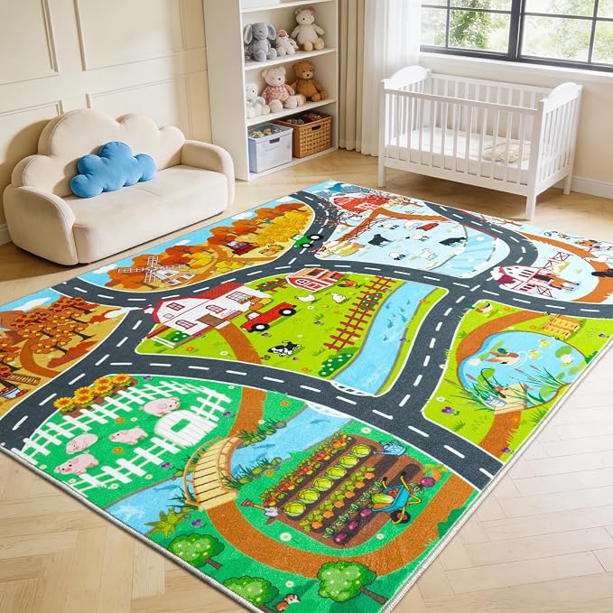 Car Rug Play Mat for Kids Toy Cars, 5' x 7' Town Country Barn Track Road Carpet, Non-Slip Machine Washable Rugs Four Seasons Farm Theme Traffic Mat for Kids Room Bedroom Game Safe Area