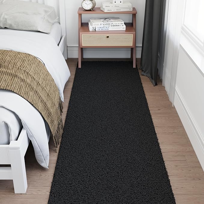 Ottomanson Long Shag Runner Rug 2' x 26', Fluffy Extra Long Hallway Runner with Non-Slip Rubber Backing, Soft Non-Shedding Rug for Corridor, Entryway, Kitchen, Laundry, Black