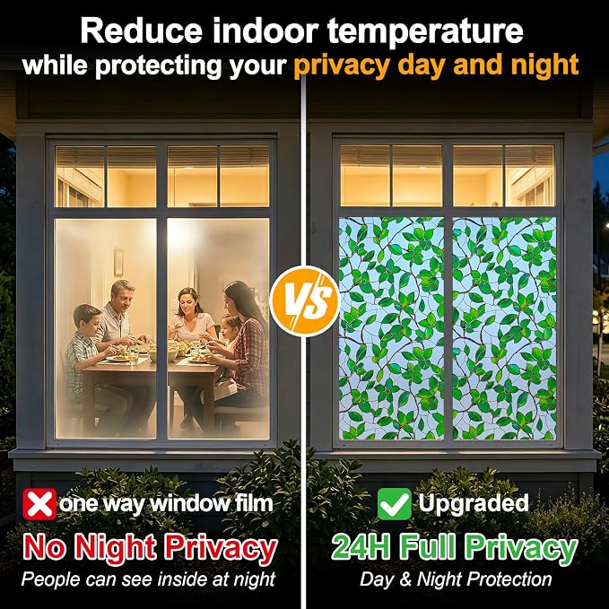 Countewol Privacy Window Film Upgraded 24H Day & Night Privacy Heat Insulation Static Cling Decorative Glass Film(Upgraded UV Greenery, 29.5 X 78.7 in)
