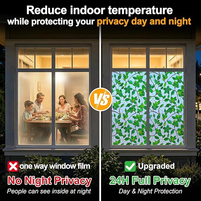 Countewol Privacy Window Film Upgraded 24H Day & Night Privacy Heat Insulation Static Cling Decorative Glass Film(Upgraded UV Greenery,35.8 X 78.7 in)