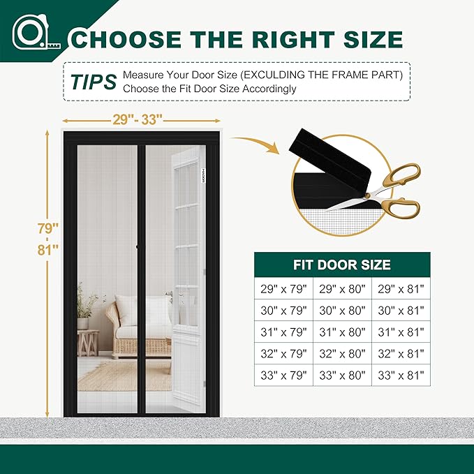 HADOR Adjustable Magnetic Screen Door Fit Door Size Width 29" - 33" Height 79" - 81", DIY Widen Heavy Duty Door Net Screen Mesh with Strong Magnet for Front Back, Black