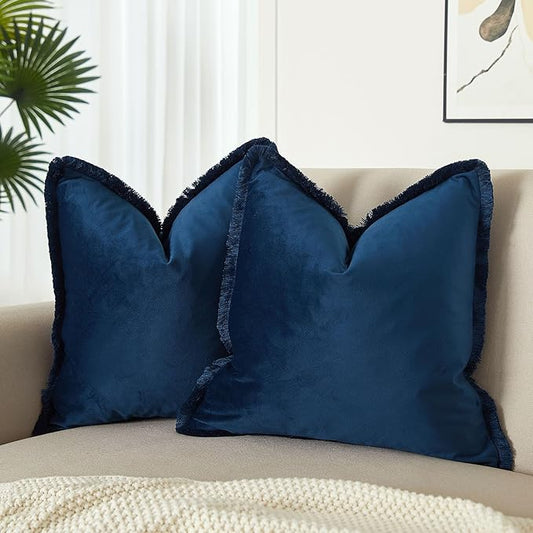 JUSPURBET Pack of 2 Navy Decorative Fringe Velvet Throw Pillow Covers 16x16 for Home Decor Living Room Bedroom Car Boho Soft Cushion Cover with Hidden Zipper Machine Washable